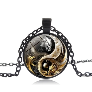 Vintage Yin Yang Taiji Drache Anhänger Halskette Legierung Glas Cabochon Ethno Stil Kette Halskette Für Herren Damen Schmuck
