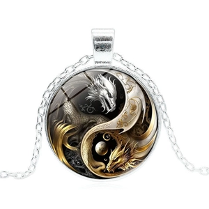 Vintage Yin-Yang Drachen-Anhänger Halskette mit Glaskuppel und silberner Gliederkette