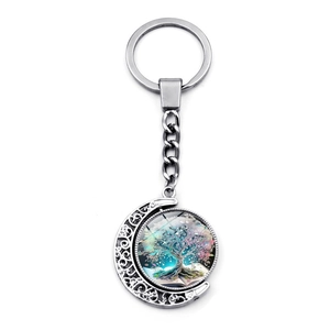 Rotating Tree of Life moon pendant keychain in silver metal with colorful art glass