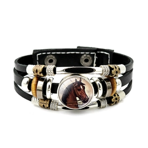 Bracelet Multicouche en Similicuir Punk Vintage pour Hommes Femmes Fait Main Alliage Verre Motif Tête de Cheval Bracelet Enveloppant