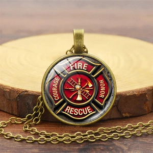 Vintage Firefighter Maltese Cross Emblem Time Gem Pendant Necklace Alloy Glass Cabochon Fire Dept Appreciation Jewelry Gift