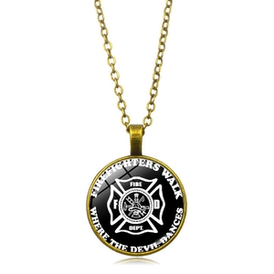 Vintage bronze firefighter Maltese Cross glass pendant necklace with O-chain
