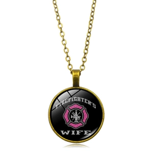 Antique bronze Firefighter's Wife glass gem pendant necklace with pink emblem