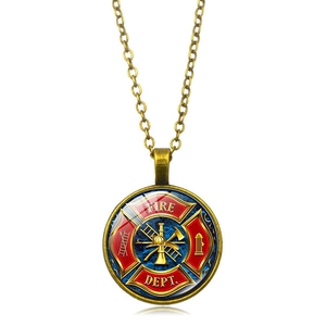 Vintage bronze firefighter logo necklace featuring a glass dome pendant with fire dept emblem