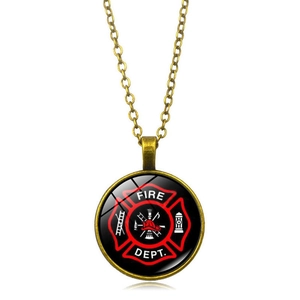 Close-up of bronze firefighter necklace with Maltese Cross and Fire Dept emblem