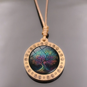 Collar colgante Árbol de la Vida vintage en vidrio con cordón marrón y marco de bronce