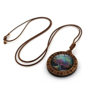 Collar con colgante Árbol de la Vida en vidrio con marco de madera y cordón ajustable