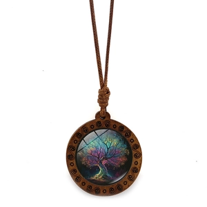 Collar con colgante del árbol de la vida vintage con marco de madera y cordón marrón