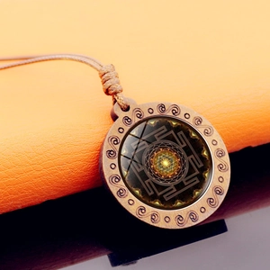 Collier Pendentif Mandala en Bois Vintage pour Homme Femme Géométrie Sacrée Cabochon en Verre Cordon Tressé Bijoux Ethniques Rétro