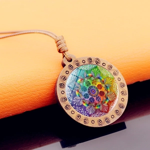 Collier Pendentif en Alliage Cabochon de Verre Mandala Fleur de Vie Vintage pour Femmes Bijoux de Yoga Ethnique Bouddha Lotus Om