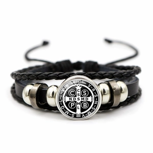 Vintage Saint Benedict Medal Multi-layer Leather Bracelet Handmade Woven Adjustable Rope Bracelet Religious Jewelry For Men Women