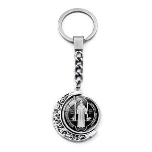 Saint Benedict Medal spinning keychain with crescent moon pendant in silver finish
