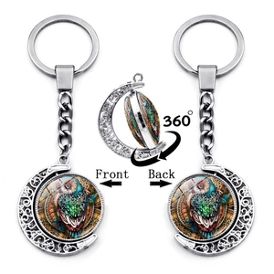 Zinc Alloy Rotating Owl Crescent Moon Keychain Double Sided Glass Pendant Hollow Moon Key Ring Holder For Women Bag Accessories