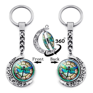 Vintage Rotating Moon Keychain Colorful Dragonfly Double Sided Glass Pendant Zinc Alloy Key Ring For Women Gift