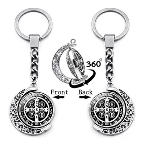 St Benedict Medal Rotating Keychain Creative Moon Pendant Zinc Alloy Metal Key Ring Religious Jewelry Gift For Men Women