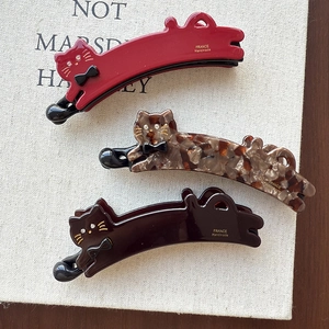 French handmade cute cat banana hair clips in red, tortoiseshell, and brown with rhinestones