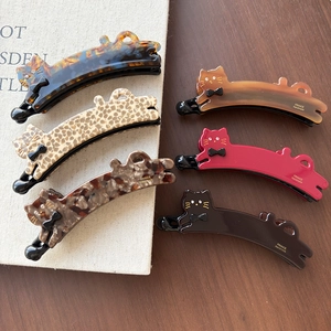 French Style Cute Cat Shaped Acetate Banana Clip Hair Claw With Bow And Rhinestone Handmade Hair Accessories For Women