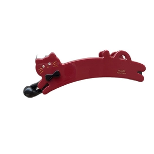 Cute maroon cat-shaped banana hair clip with a black bow and France handmade text
