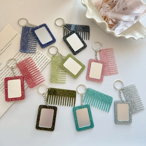 Portable Mini Rectangle Glitter Acrylic Comb Mirror Keychain Set For Women Bag Charm Sparkling Fashion Accessories