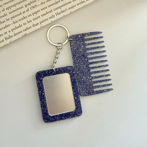 Deep blue glitter mini comb and mirror keychain set with sparkling silver finish details
