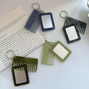 Sparkly glitter rectangular comb and mirror keychain set for bag accessory charm