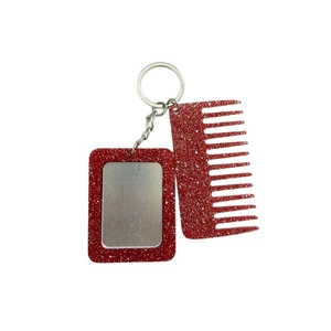 Sparkly red glitter mini comb keychain with rectangle mirror frame for bag charm decor
