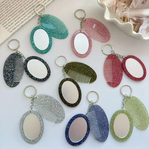 Glitter resin oval mirror and comb keychain set for handbag accessories in multi colors