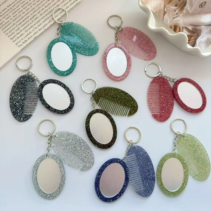 Portable Mini Mirror Comb Keychain Shiny Glitter Acrylic Oval Bag Charm Fashionable Accessoy For Women Girls