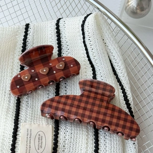 Brown checkered heart hair claw clips with rhinestones in medium and large sizes