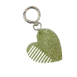 Porte-clés peigne en forme de cœur à paillettes vertes avec fermoir en métal argenté