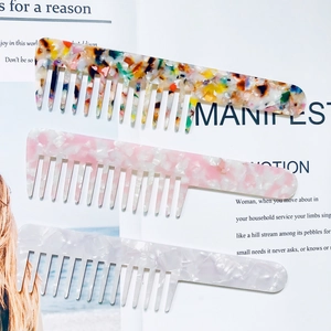 Retro acetate wide tooth hair combs in marble and colorful patterns with long handle