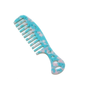 Portable wide-tooth hair comb with stylish blue and pink marble pattern texture