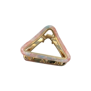 Triangle acetate hair claw clip with pink and blue marble pattern and gold metal base