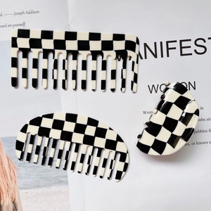 Peigne À Cheveux Pince À Cheveux En Acétate De Cellulose Noir Blanc Motif Damier Mode Accessoires Cheveux Femme Coiffage