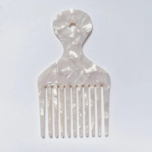White pearl acetate hair comb with long handle and wide teeth for wavy hair styling
