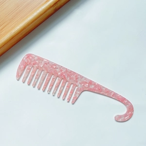 Pink marble pattern acetate wide-tooth hair comb with convenient hook design