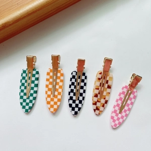 Set of 5 colorful checkered acetate hair clips with gold metal duckbill clips