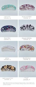 Detail view of 8 different acetate comb patterns including tortoiseshell and floral styles