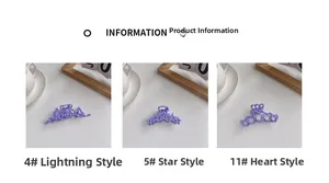 Detailed comparison of purple matte hair claws in lightning, star, and heart shapes