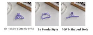 Detailed view of matte purple hair clips in butterfly, panda and classic T-shape styles
