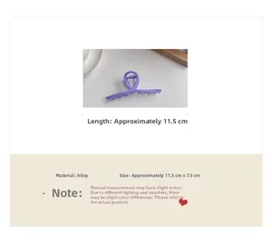 Detailed view of matte purple alloy shark hair claw with 11.5cm length dimensions