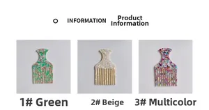Detail of cellulose acetate pick combs in green floral, beige, and multicolor patterns