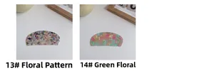 Detailed view of acetate hair combs in multicolor mosaic and green floral textures