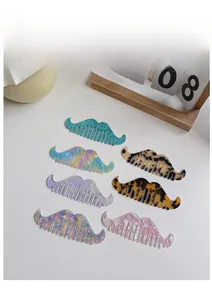 Detailed view of colorful mustache-shaped hair combs made of anti-static acetate material
