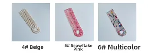 Detailed close-up of acetate hair combs in beige marble, pink snowflake and multi-color patterns