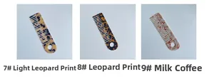 Three long acetate combs in leopard and creamy coffee marble patterns with hanging holes