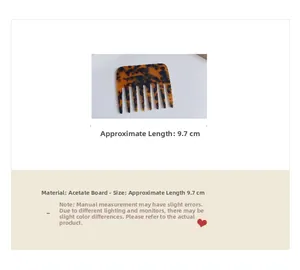 Macro detail of tortoiseshell acetate wide-tooth comb showing 9.7cm length and texture