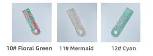 Three acetate hair combs with floral green, pearlescent white, and teal glitter marble patterns