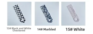 Three acetate hair combs in checkerboard, cow print, and marble patterns with round holes