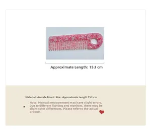 Pink marble pattern acetate hair comb with anti-static design, length 15.1cm